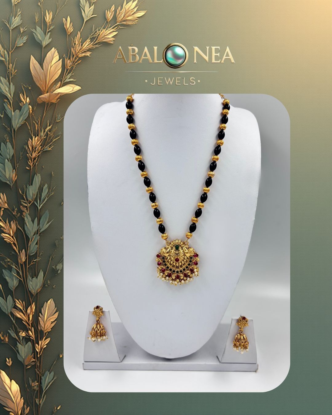 Black and Gold Beads Long Haram with Jumka