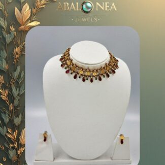 Double layer coin necklace with red and green stones