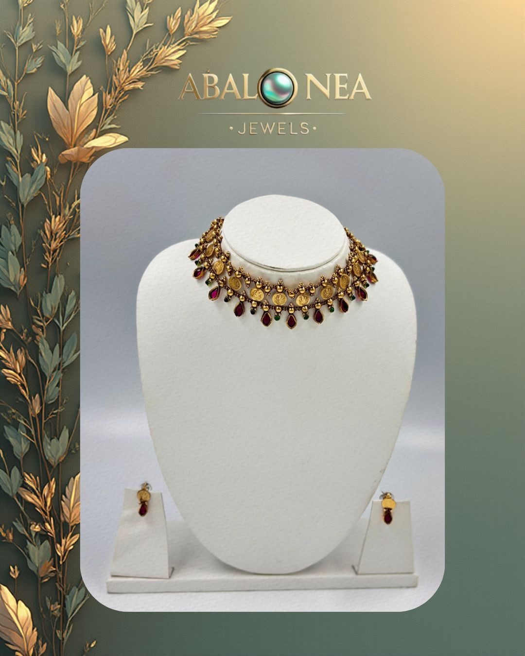 Double layer coin necklace with red and green stones